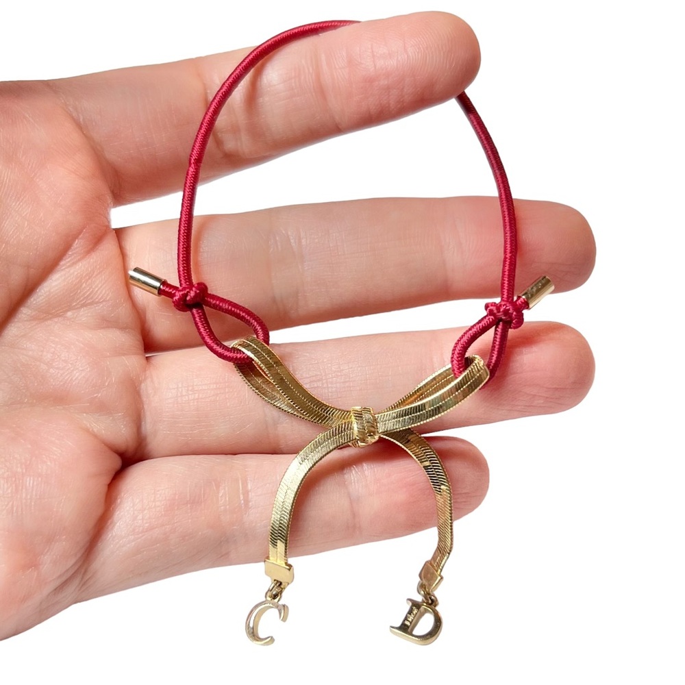 VTG AUTH Christian Dior Red Elastic Gold Chain CD Logo Bow Charm Bracelet - Picture 12 of 12